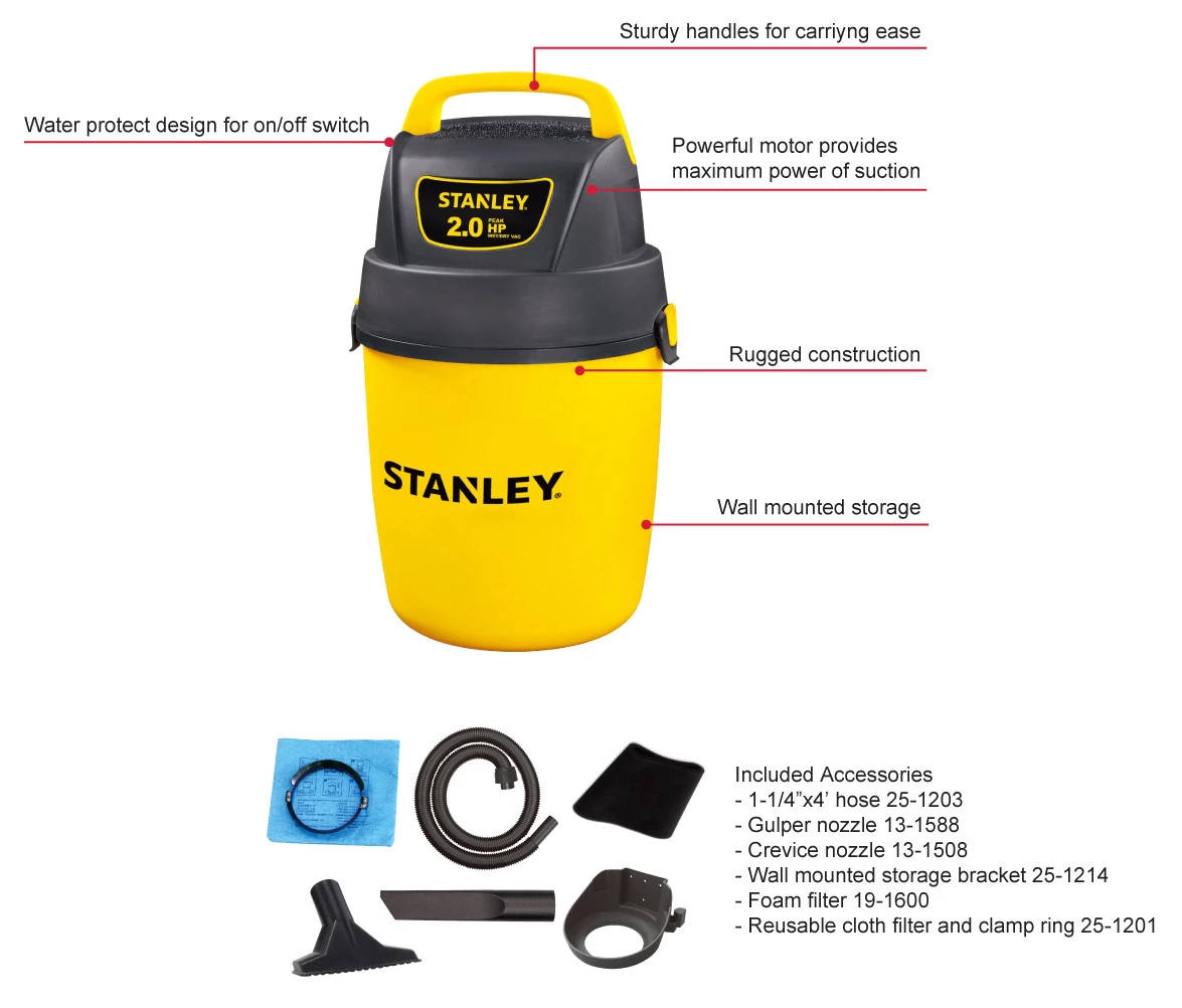 Stanley 2 Gal. 2 Peak Horsepower Wall Mount Wet/Dry Vacuum 871613004446